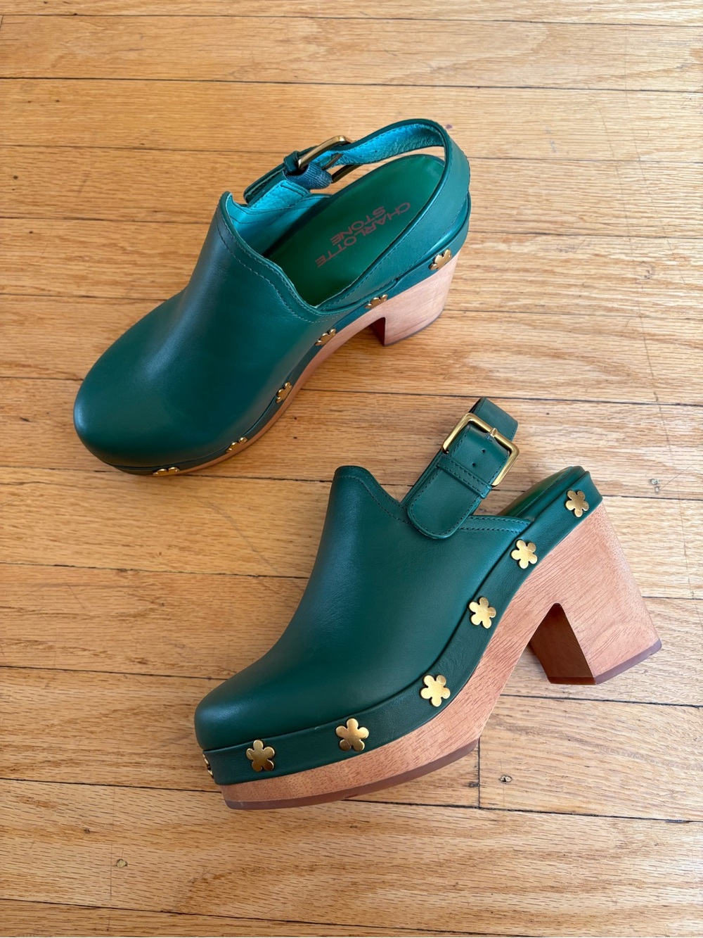 Charlotte Stone Emerald Green Leather Clog Mules with Gold Flower Studs